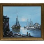 J Martin - Fishing Boats in the Harbour - signed lower right, oil on board, framed, 60 by 50cms (