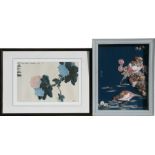 A Japanese shell picture depicting two birds, framed & glazed; together with a Chinese print (2).