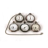 A group of five continental silver open faced pocket watches.