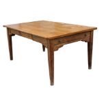 A pine rectangular kitchen table with drawers each end, on square tapering legs, 159cms (62.5ins)