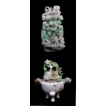 A Chinese figured green and lavender jade / hardstone three legged censer surmounted with a fo