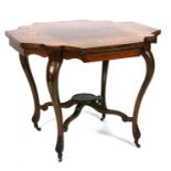 A Victorian inlaid rosewood centre table, on four legs with brass castors, 91cms (36ins).