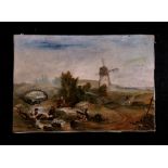 19th century continental school - Figures Fishing in a Stream with a Windmill in the Background -