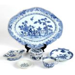 A Chinese blue & white oval dish decorated with a garden scene, 37cms (14.5ins) wide (a/f); together