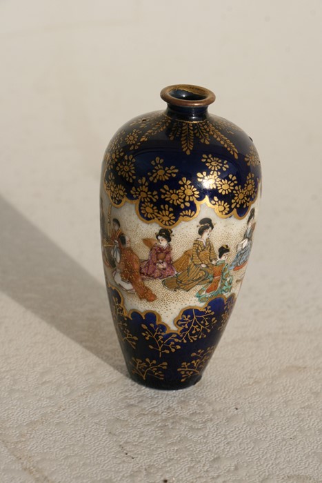A 19th century Japanese Satsuma vase decorated with figures in a court scene, on a blue ground - Image 6 of 7
