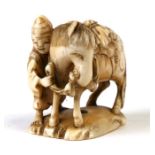 A 19th century Japanese ivory netsuke in the form of a horse and handler, signed 'Hoshunsai
