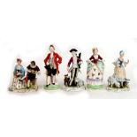 Five Meissen style figures and groups, the largest 19cms (7.5ins) high (5).