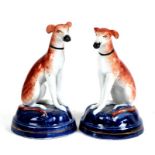 A pair of seated porcelain dogs with gold anchor mark to underside, 10cms (4ins) high.