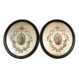 A pair of Victorian oval prints on silk depicting young children, on embroidered mounts, framed,