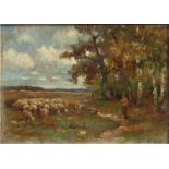 19th century school - Farmer With His Flock of Sheep - initialled 'WHE' lower right, oil on panel,