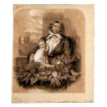 In the manner of Ford Madox Brown - a drawing of a mother and child, unframed, 31 by 39cms (12.25 by