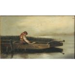 Victorian school - Alone - a young girl seated in a punt next to a reed bed, initialled 'GHB'