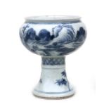 A Chinese blue & white brush washer decorated with a figure in a landscape, 14cms (5ins) high.