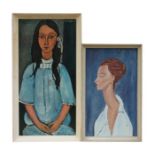 20th century school - Stylised Portrait of a Young Lady - oil on board, framed, 29 by 50cms (11.5 by