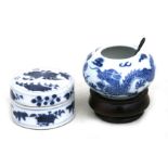 A Chinese blue & white miniature bowl on stand decorated with dragons chasing a flaming pearl, six