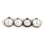 A group of four continental white metal cased open faced fob watches.