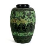 A Bombay school style vase decorated with figures on a green ground, 34cms (13.5ins) high.