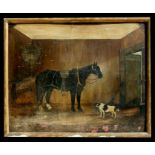19th century English naive school - A Horse in a Stable with a Dog - oil on board, framed, 58 by