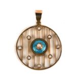 An Edwardian 9ct gold enamel and seed pearl pendant, 2.5cms (1ins) diameter.Condition Reportitem