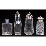 An Edwardian etched glass guilloche enamel silver enamel topped scent bottle, 10cms (4ins) high;