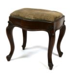 A 19th century mahogany stool with upholstered seat on cabriole legs, 49cms (19.25ins) wide.