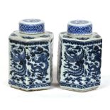 A pair of octagonal form Chinese blue & white tea caddies decorated with dragons and phoenix, six