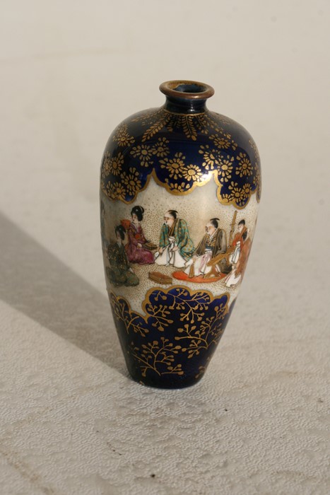 A 19th century Japanese Satsuma vase decorated with figures in a court scene, on a blue ground - Image 5 of 7