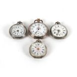 A group of four continental silver cased open faced cylinder fob watches, all with enamel dials.