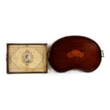 An inlaid mahogany kidney shaped two-handled tray, 61cms (24ins) wide; together with a brass