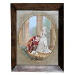 A 19th century French hand painted oval porcelain panel depicting a romantic couple, framed &