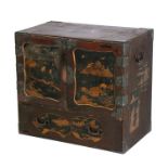 A 19th century Japanese Meiji period lacquer table cabinet, the pair of doors decorated with
