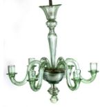 A 1930's Italian green glass six-arm electrolier.Condition Reportchips to one sconce