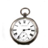 A silver cased open faced pocket watch, the white enamel dial with Roman numerals and subsidiary