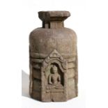 An antique Indian stone carving with four Buddhas to the sides, 35cms (13.75ins) high.