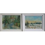 John Ellis (modern British) - Snowy Landscape Scene - signed lower right, oil on board, framed, 45