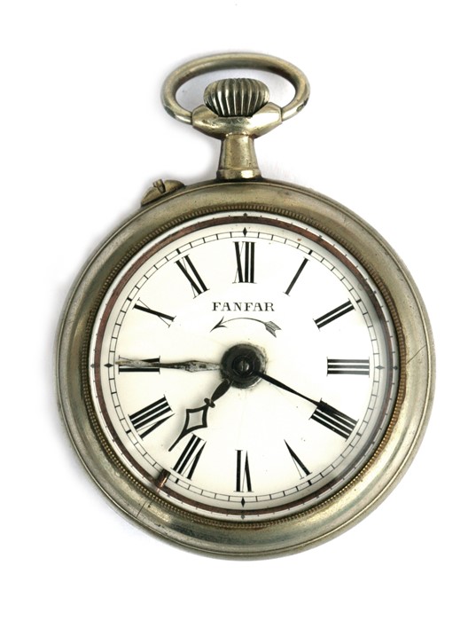 A Fanfar nickel cased open faced alarm pocket watch.