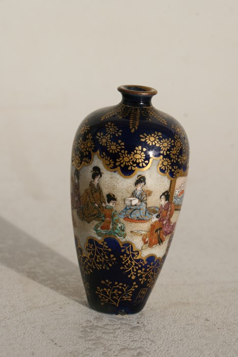 A 19th century Japanese Satsuma vase decorated with figures in a court scene, on a blue ground - Image 3 of 7