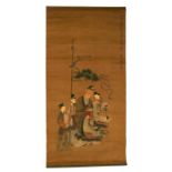 An antique Chinese scroll depicting an elderly bearded gentleman with three female attendants,
