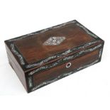 A Victorian rosewood sewing box inlaid with mother of pearl, 41cms (16ins) wide.