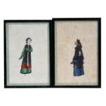 A pair of Chinese paintings on pith paper depicting a male and female official, framed & glazed,