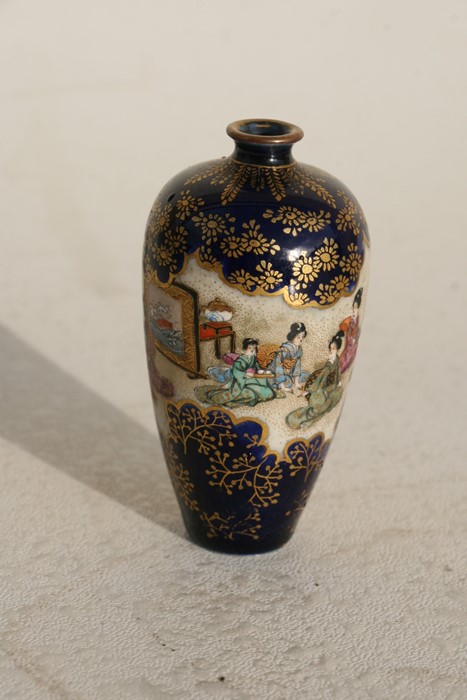 A 19th century Japanese Satsuma vase decorated with figures in a court scene, on a blue ground - Image 4 of 7