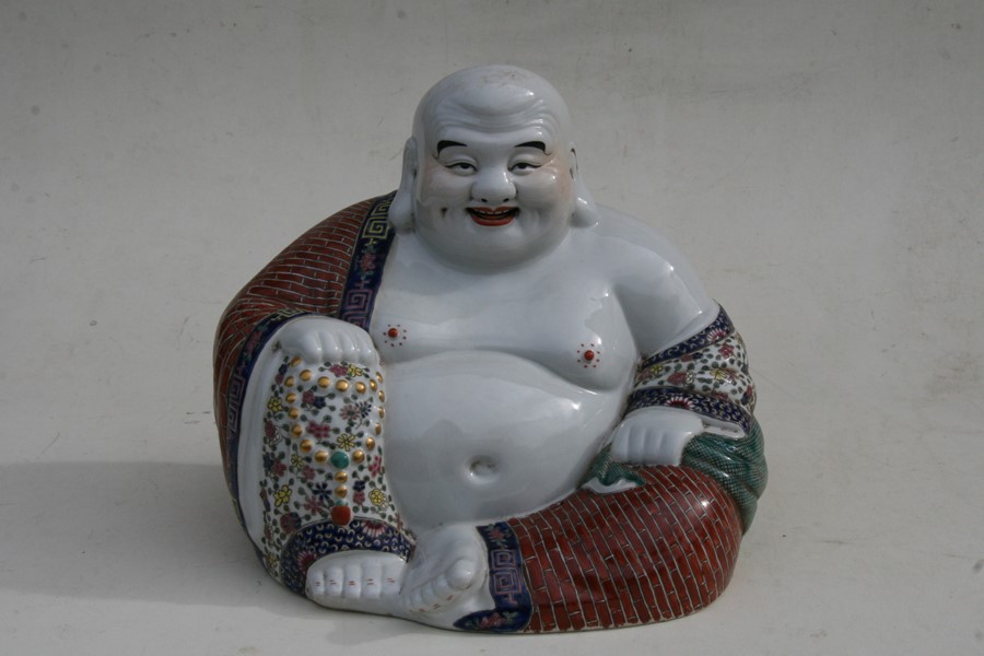 A Chinese famille rose figure in the form of a seated Buddha, impressed mark to underside, 26cms ( - Image 2 of 7