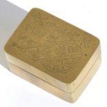 A Chinese engraved brass scholars ink or seal box, slate block and seal paste to interior, decorated