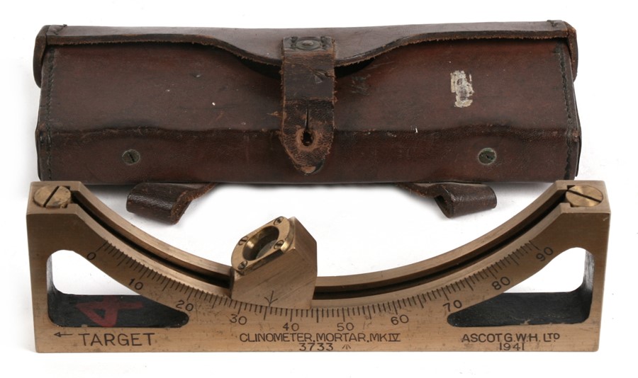 A WW2 brass Mortar Clinometer Mark IV made by ASCOT G.W.H. Ltd in 1944 together with its brown