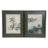 A Chinese watercolour painting depicting a bird amongst flowering foliage, framed & glazed, 28 by