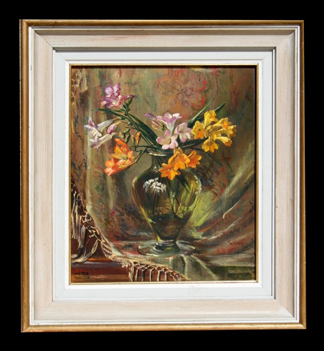 Walter Taylor (modern British) - Still Life of Freesias in a Vase - signed lower left, oil on board,