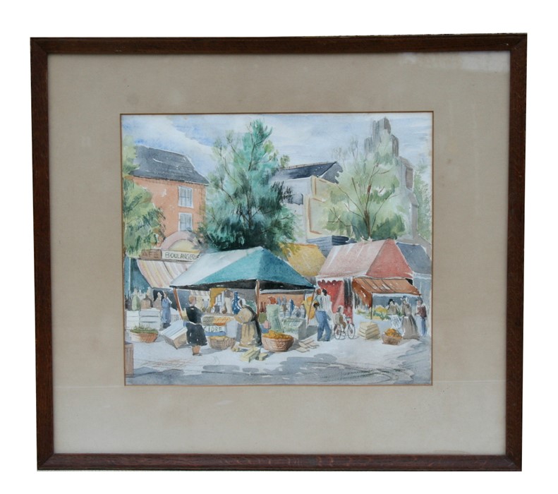Raymond Malmstrom - The Market Place, Dinard - watercolour, framed & glazed, 37 by 33cms (14.5 by