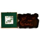 A Chinese famille verte framed and mounted tile depicting a squirrel in a grape vine, 11 by 11.