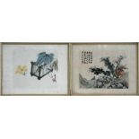 Two Chinese watercolour paintings, one depicting a scholar sat beneath a tree with calligraphy,