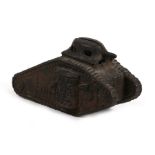 A cast metal WW1 Tank Bank U.S.A. 1918 money box. Length 11.5cms